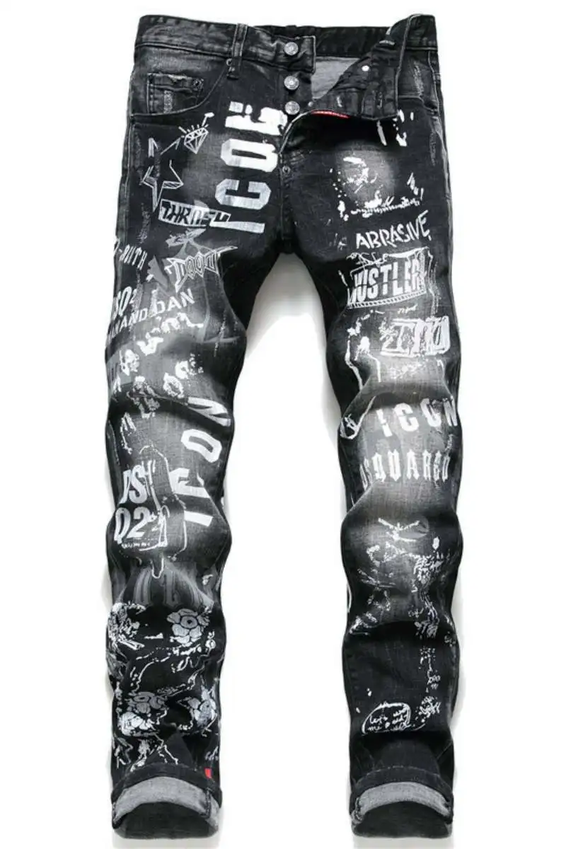 

Four seasons high-end fashion tattered splash paint men's slim patch Harajuku stretch D2 jeans blue begging gar jeans men