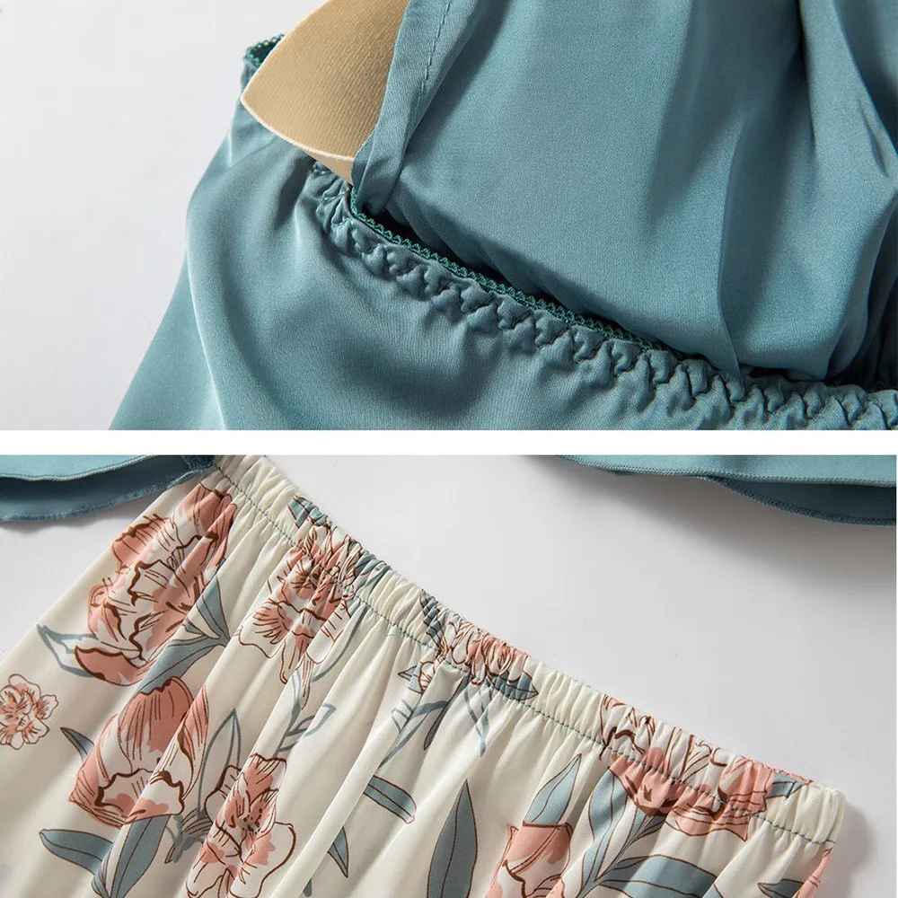 Комплект халат-кимоно Женский атласный из 5 предметов одежда для сна с цветочным