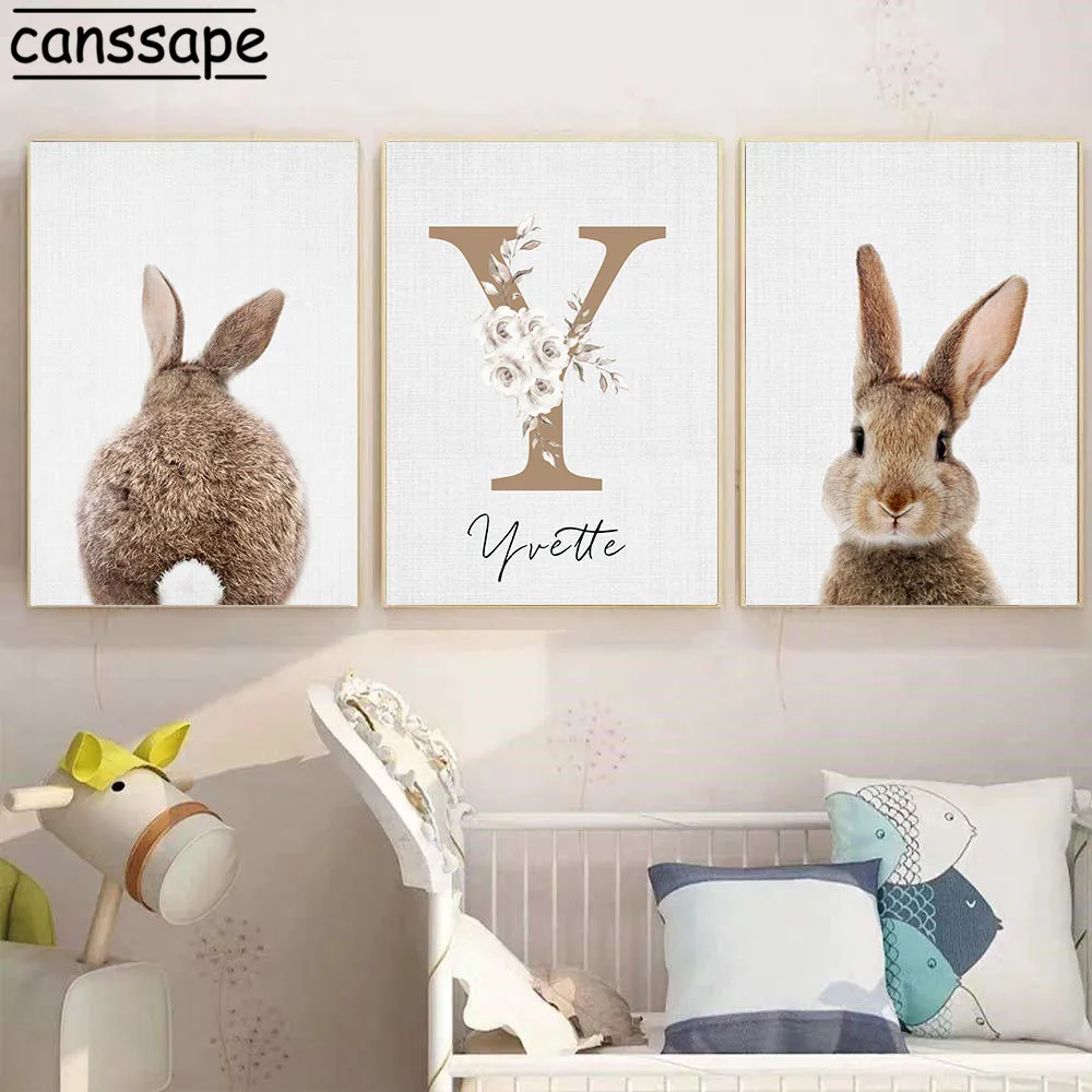 

Personalized Custom Name Poster Bunny Rabbit Canvas Painting Nursery Wall Art Print Nordic Wall Pictures For Baby Room Decor