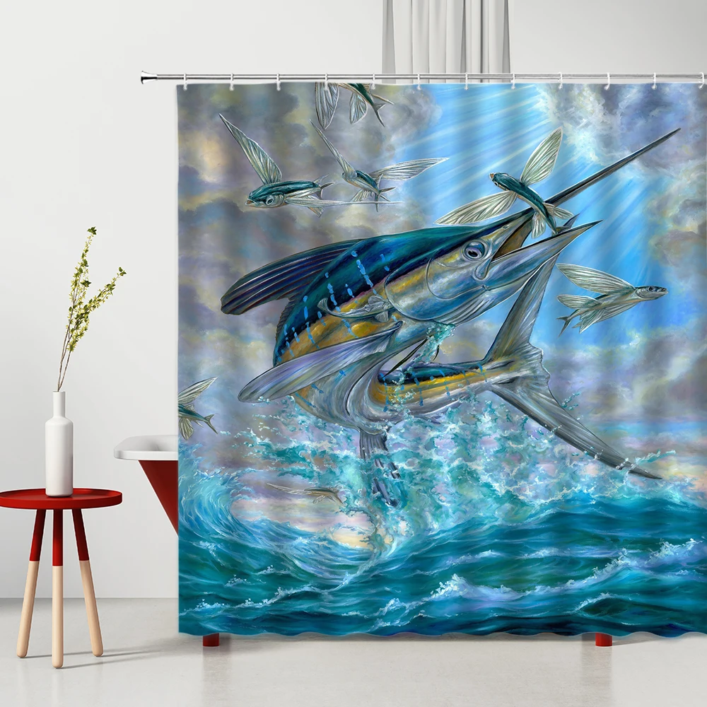 Душ Шторы набор рыбы группы морской волны Небесно-Голубой солнечного света птица