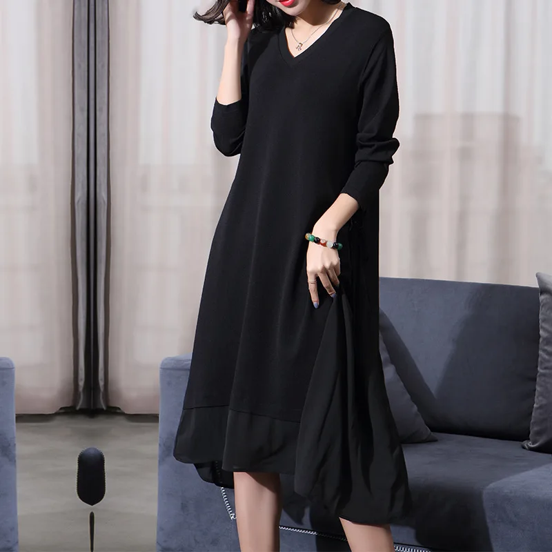 

Women s Clothing Dresses Christmas sexy pullover jurken work knitted black chiffon dress V neck plus size long 2019 autumn