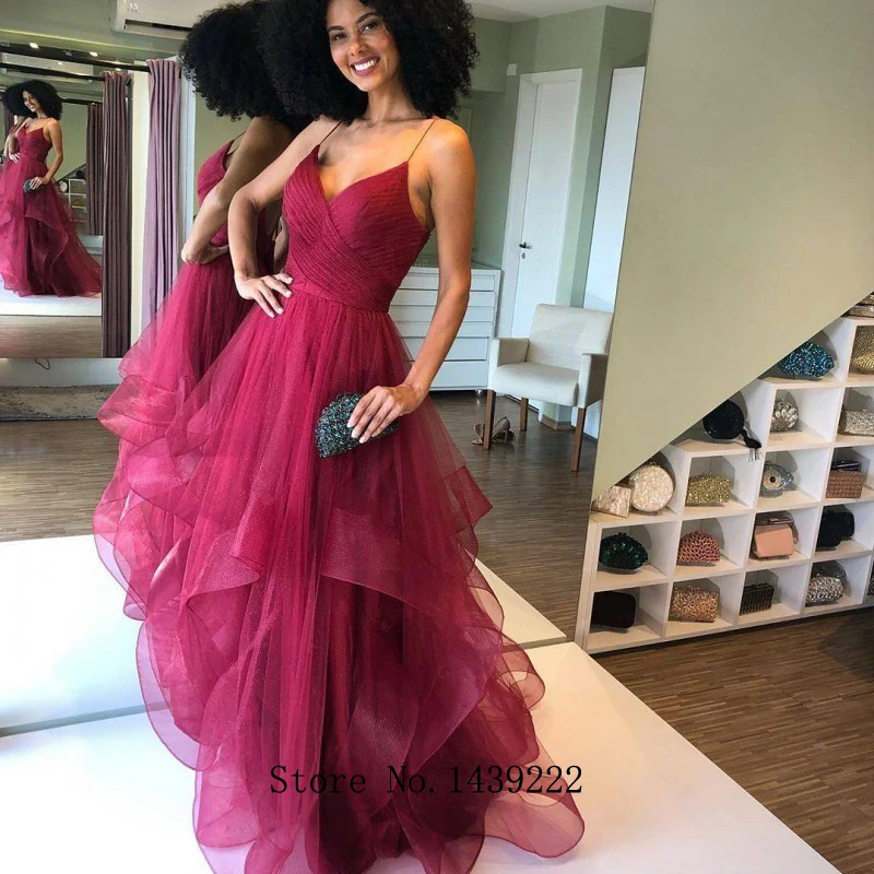 

Burgundy Tiered Tulle Evening Dresses Prom Pleat Backless Arabic Vestidos De Fiesta De Noche Robe De Soiree Plus