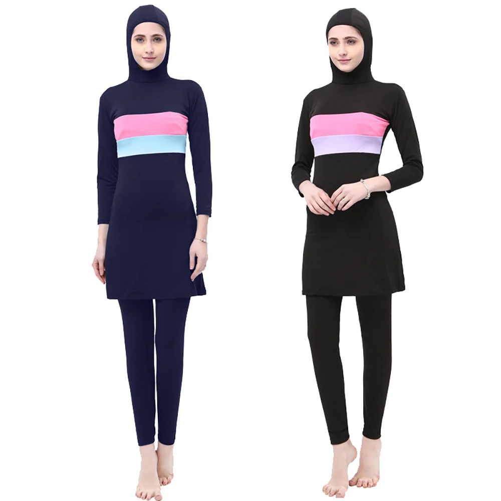 

Burkini Muslim Swimwear Women Hijab Sport Islamic Woman Borkini Long Sleeve Swimsuit Black Modest Bathing Suit Ladies Striped