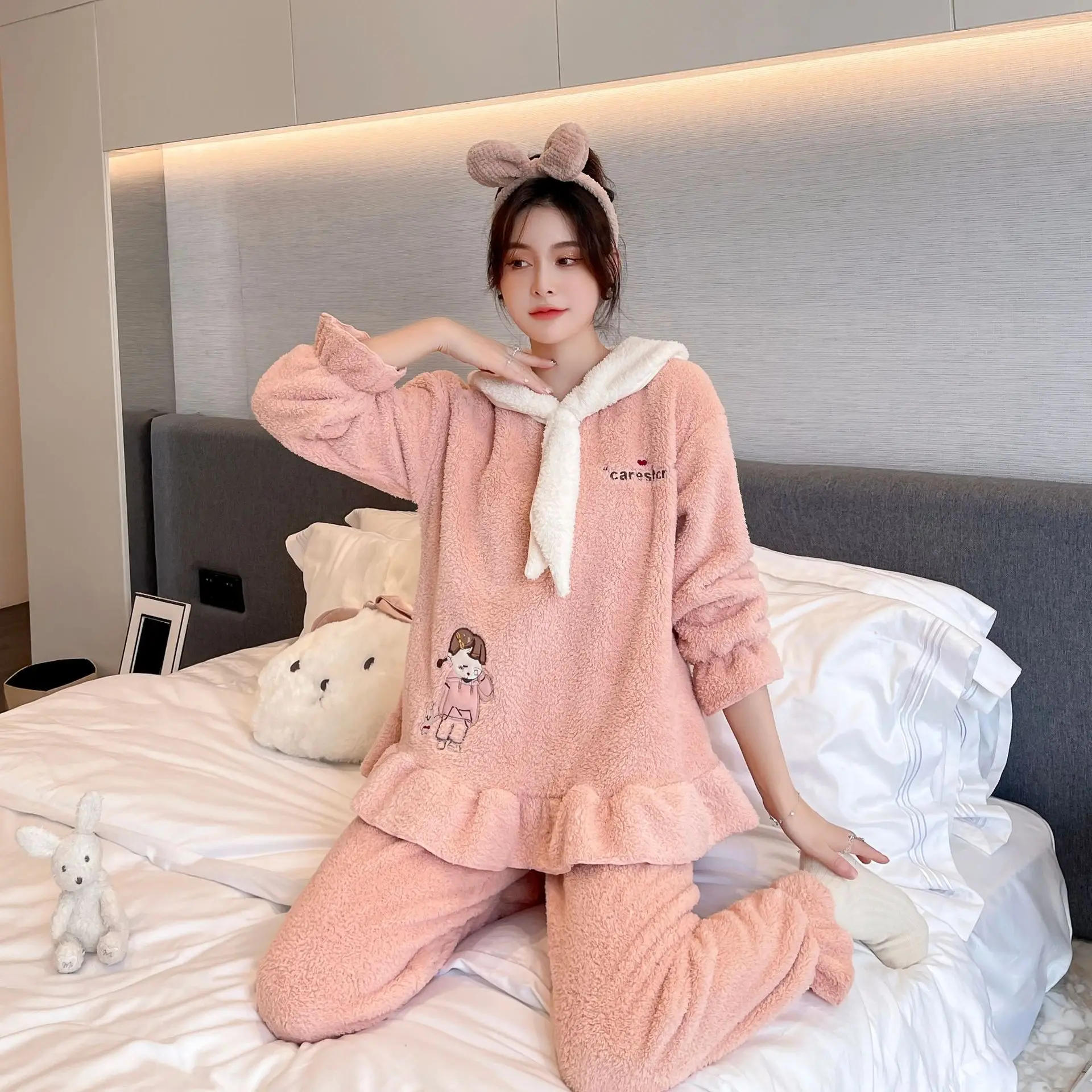 

FZSLCYIYI зимняя фланелевая фотофланелевая рубашка с длинным рукавом Брюки Пижама Коралловая флисовая одежда для сна повседневная женская ноч...