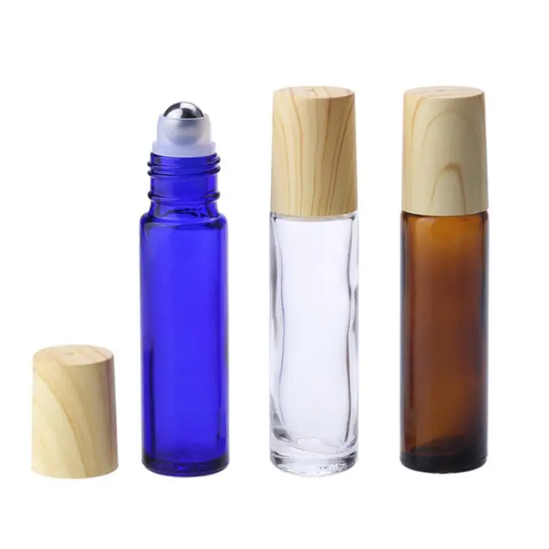 

Wooden Grain Cover 10ml Empty Roll on Glass Bottles Refillable Roller Ball Vials Amber Clear Blue LX3739