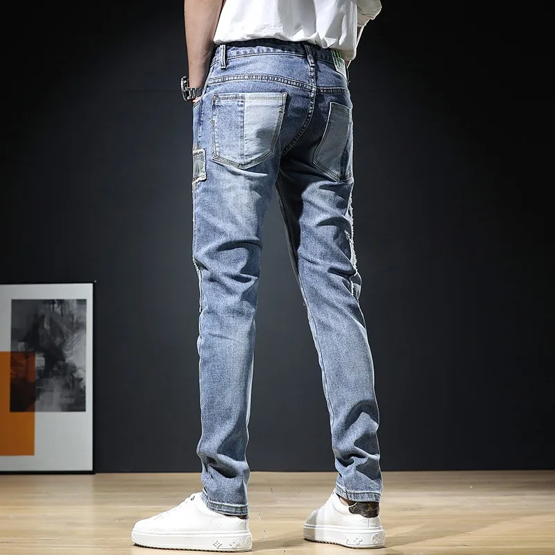 Summer Men Jeans pantalones hombre Regular Fit Pants Streetwear Casual Blue Patches Patchwork Jean Mens Clothing Denim Trousers