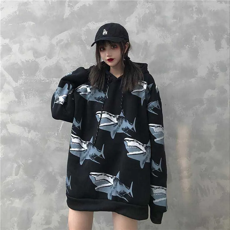 NiceMix Женская Зимняя коллекция, новая мода, ins, принт акулы, Harajuku, свободная повседневная бархатная куртка в стиле ретро в стиле хип-хоп, куртка с капюшоном