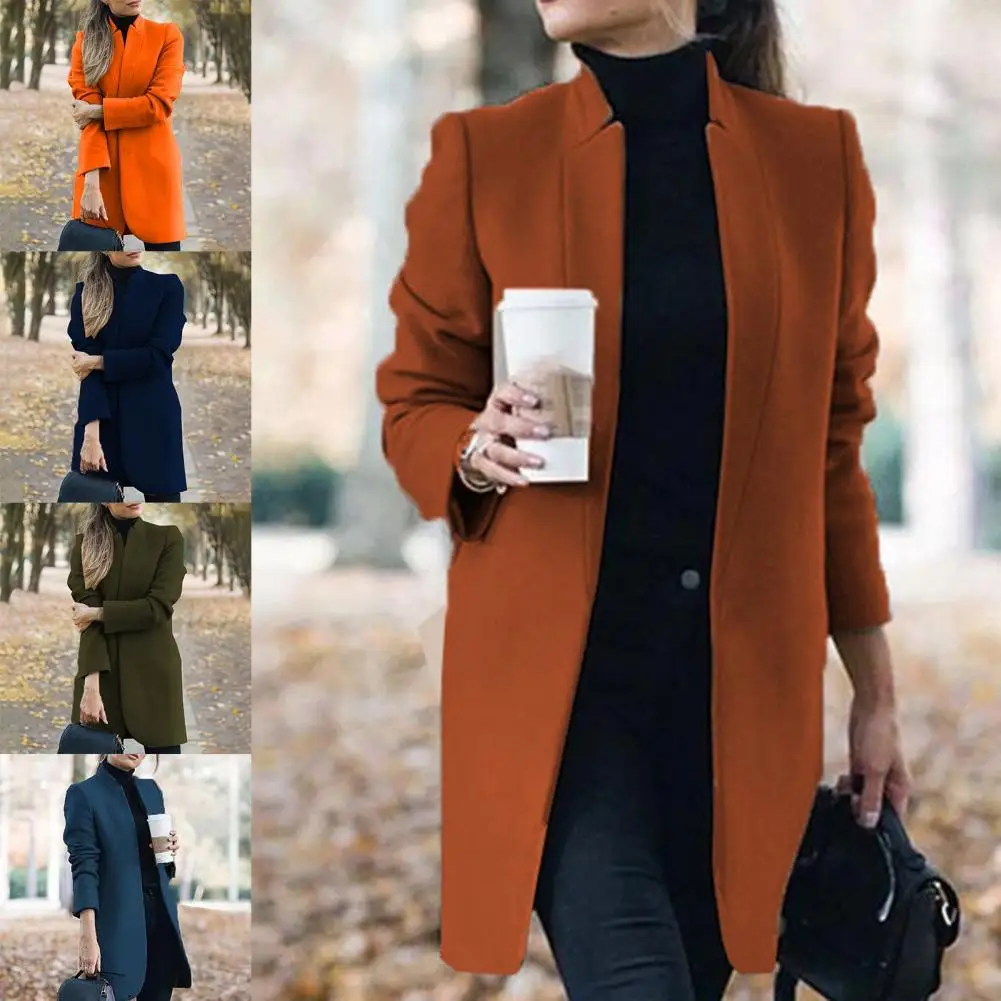 

Wholesales Stand Collar Solid Color Women Coat Autumn Winter Open Stitch Long Woolen Coat Outerwear
