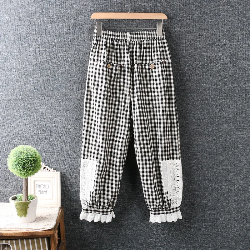 

Summer new elastic waist plaid pants Hook flower spliced Casual Ankle-length pants