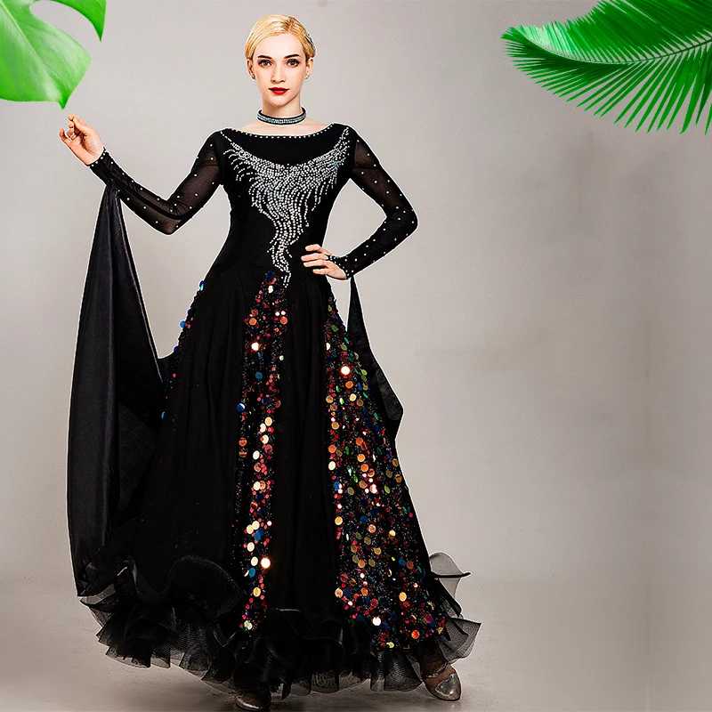 

2020 New Women Ballroom Dance Dress Long Sleeve Rhinestone Sequin Performance Stage Jazz Waltz Tango Foxtrot Dance Dress DL5258