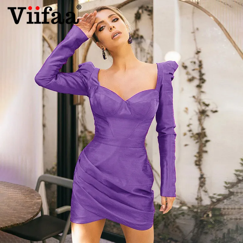 

Viifaa Sweetheart Neck Vintage Puff Sleeve Elegant Party Purple Dress Sexy Women Autumn Bodycon Ruched Mini Dresses