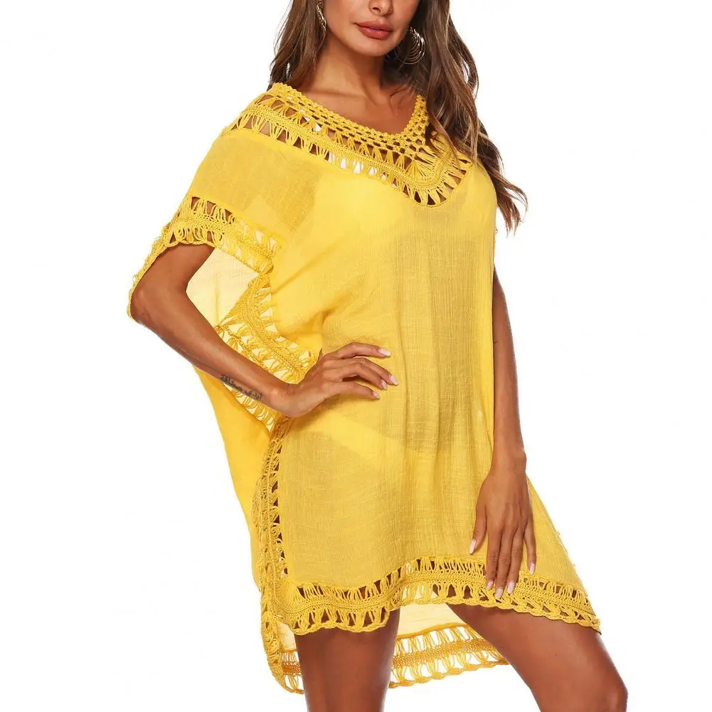 

Loose Sexy Bikini Cover Up Women Bat Short Sleeve Hollow Out V Neck Cover Up Dress for Beach swimsuit women 2021 fashion
