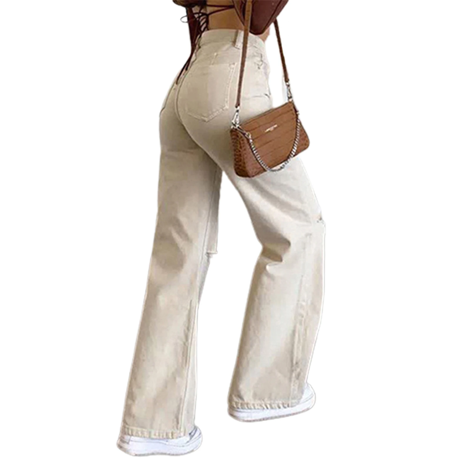 

2021 Fahsion Women Wide Leg Flare Jeans High Waist Solid Color Loose Denim Pants with Ripped Holes