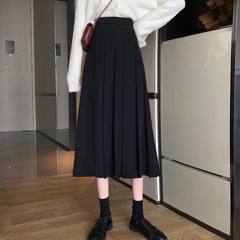 Черная плиссированная юбка Женская средней длины на весну и осень новинка 2021