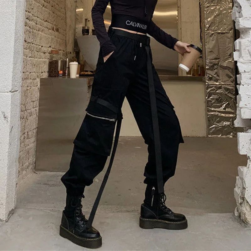 

Брюки-карго женские с завышенной талией и поясом, модные повседневные штаны на молнии с карманами, свободные штаны для бега