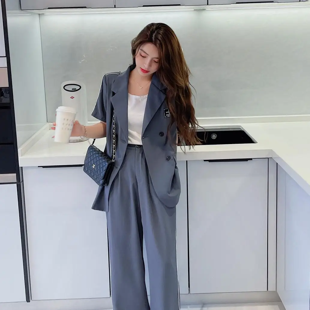

Summer Casual Black Women's Office Pantsuit 2021 Short Sleeve Blazer Loose High Waist Wide Leg Pants Two-Piece Set Female