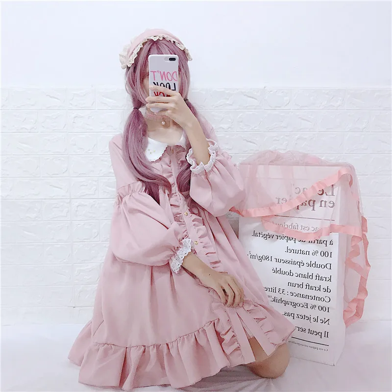 

Women Pink Lolita Mini Party Dress Peter Pan Collar Ruffles Star Shirt Dress Cute Kawaii Christmas New Year Gift Japan Dresses