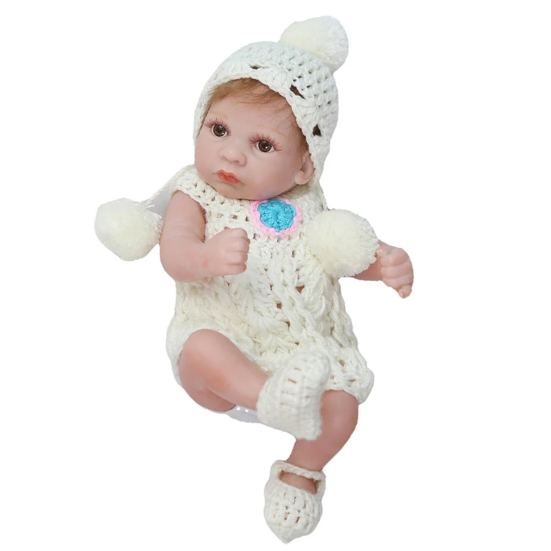 

26cm Mini Lifelike Girl Doll Brown Eyes White Pajamas Vinyl Silicone Toddler H055