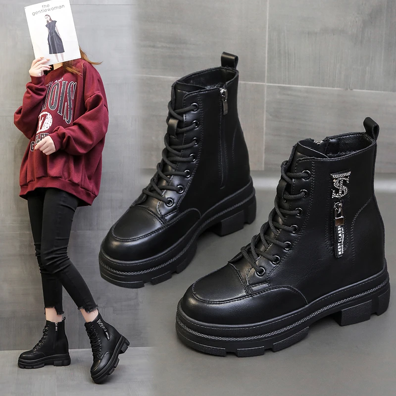 

Leather High Heels Woman Ankle Boots Short Plush Warm Winter Shoes Women Casual Ankle Boot Rubber Sole Female Winter Boot 2021