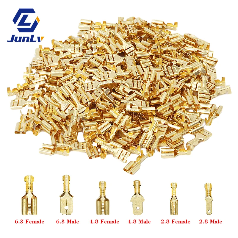 

100Pcs/lot 2.8/4.8/6.3mm Female and male Crimp Terminal Connector Gold Brass/Silver Car Speaker Electric Wire Connectors Set