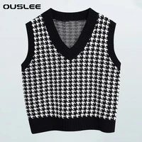 ouslee 2021 fashion plaid sweater vest women oversized knitted vest sweaters vintage sleeveless side vents female waistcoat tops