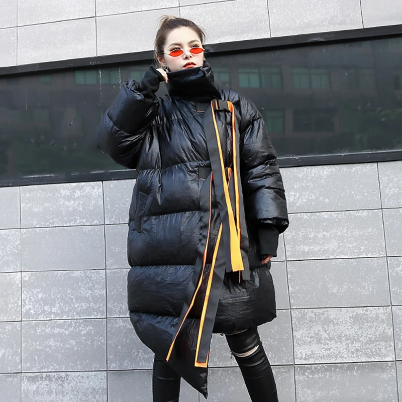 Пуховик женский с лентами воротником-стойкой и длинным рукавом | Женская одежда