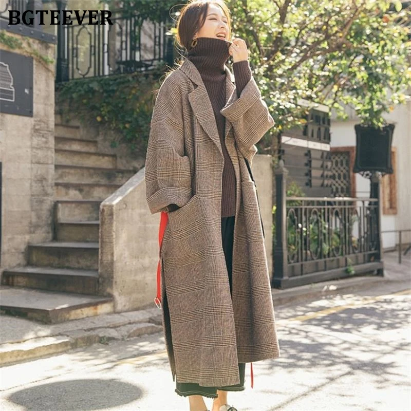 Пальто женское в клетку BGTEEVER, на одну пуговицу, с карманами, из толстой шерсти, осенне-зимнее, смешанный состав, длинные, теплые, накидки.