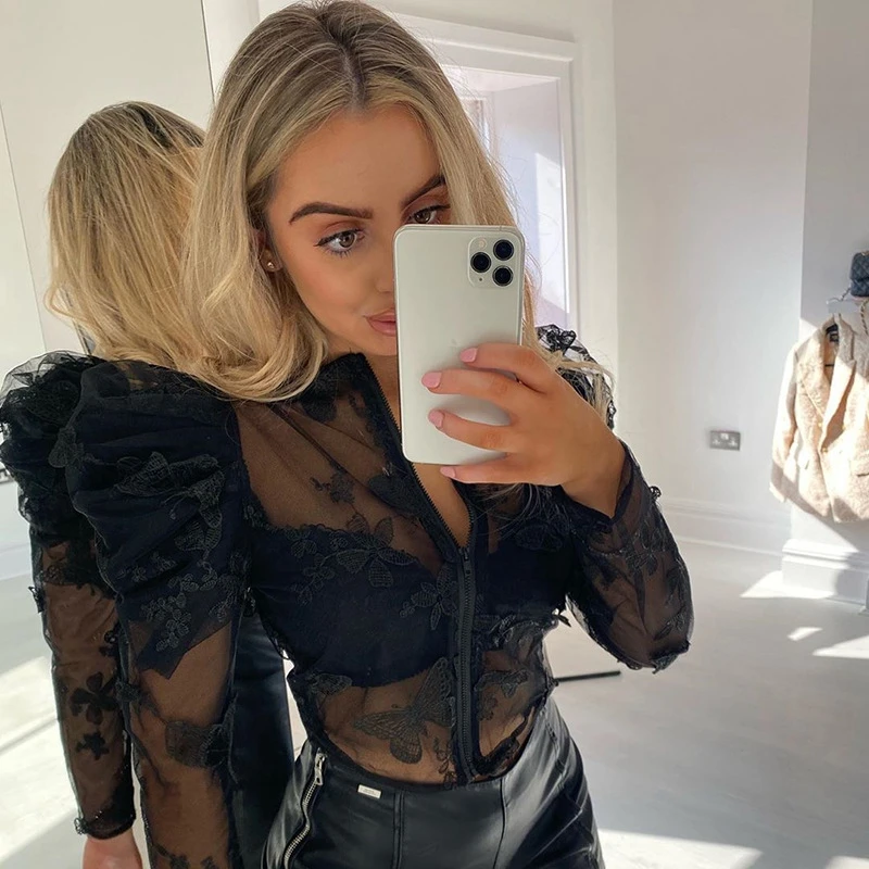 Куртка бомбер женская с вышивкой бабочки короткий пиджак из прозрачной сетки