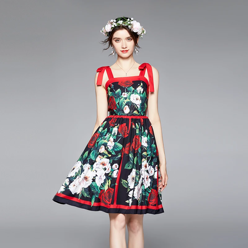 

2021 New Summer Vintage Strap Floral Print Casual Mini Short Dress Sleeveless A Line Street Chic Lady Girl Fashion Dress Clothes