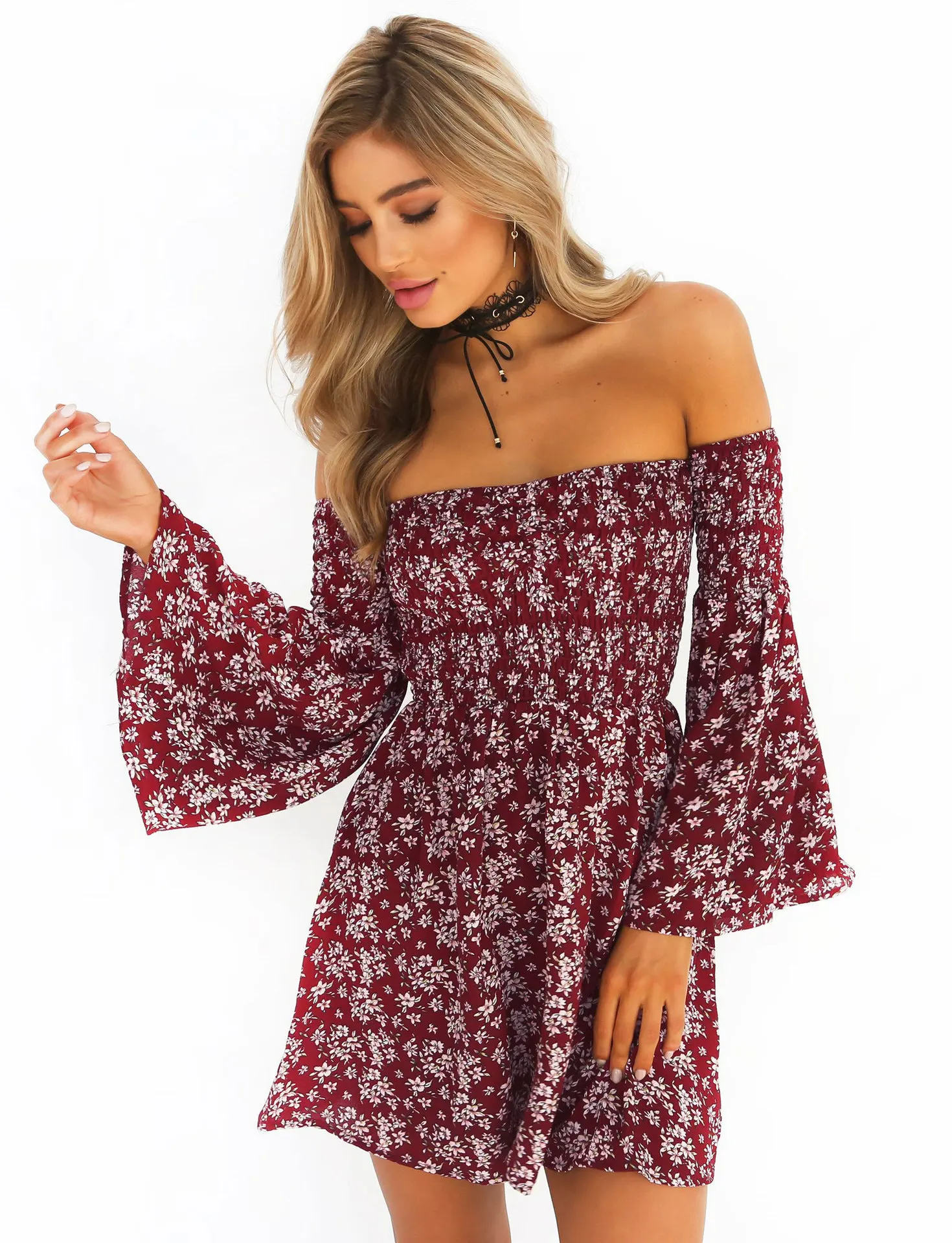 

Party Night Dresses Flared Sleeves Wrap Chest Women Flare Sleeve Off Shoulder Holiday Dress Ladies Boho Ruffle Dresses Vestido