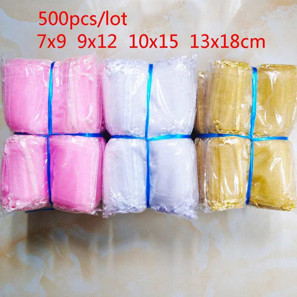 500 шт./лот оптовые сумки из органзы 7x9 9x12 10x15 13x18 см Свадебная Упаковка Подарочная