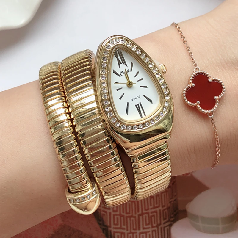 Новинка 2021, модные женские часы, роскошные золотые часы со змеиным плетением, женские кварцевые часы со стразами и змеиным браслетом, женские часы
