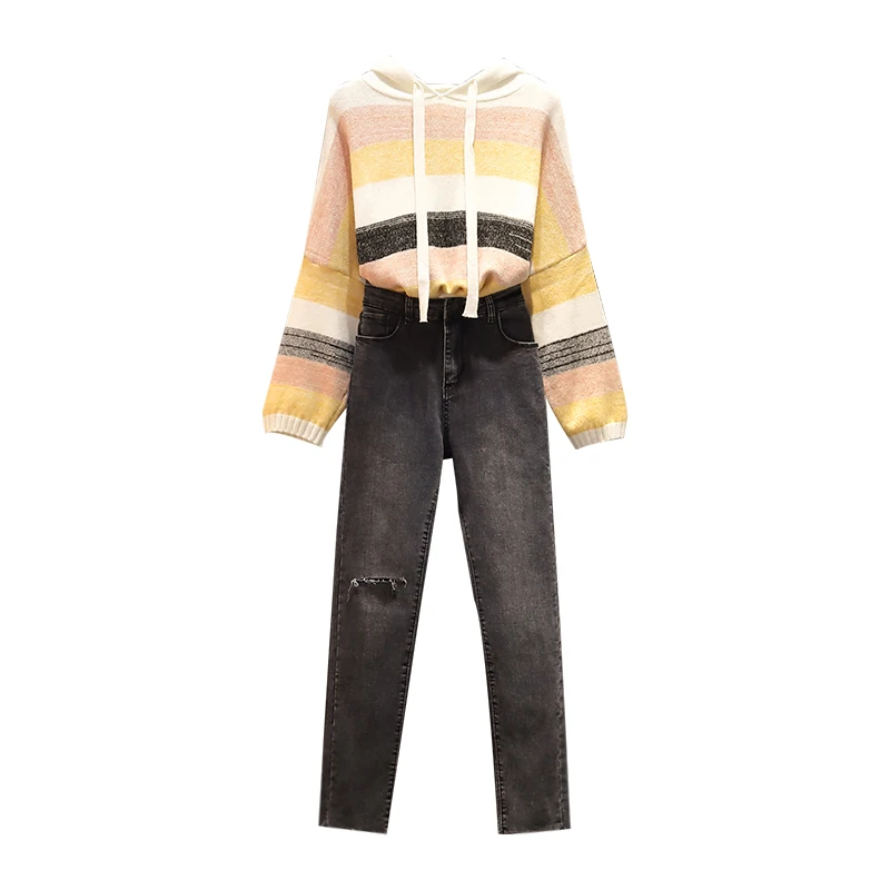 

Autumn Season Big Yards Stripe Hooded Sweater Sister Elastic Jean Pants Two-Piece Outfit Women Clothing Set Denim Trousers