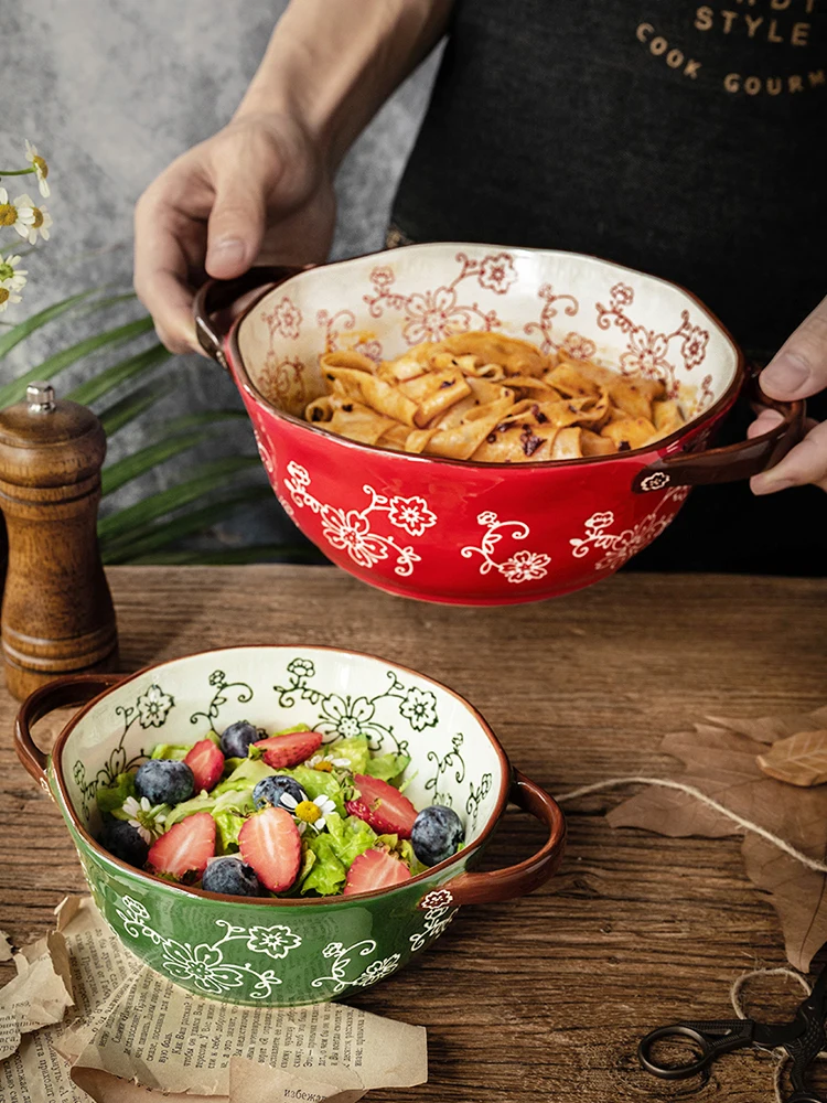 Новая керамическая десертная чаша с вишневым узором и ручкой бытовая креативная