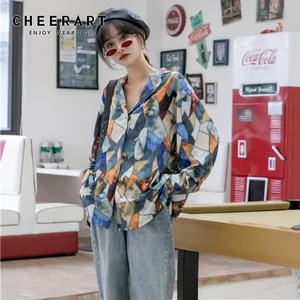 CHEERART, церковная цветная глазурованная блузка с длинным рукавом, Женская Повседневная Свободная рубашка с отворотом и пуговицами, 2020, корейская модная одежда