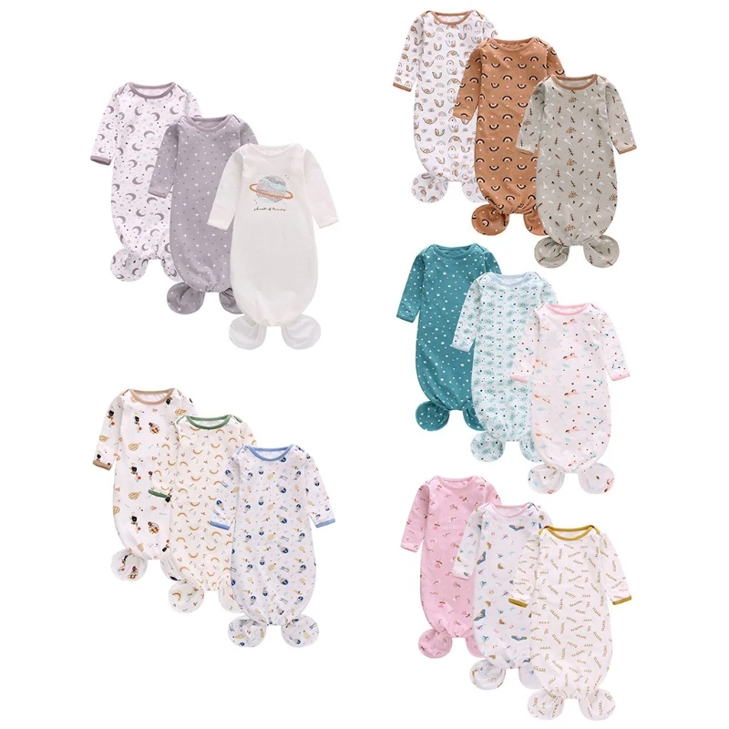 

3 Pcs/Set Infant Baby Knotted Sleep Gown Soft Knitted Cotton Sleepwear Romper A2UB