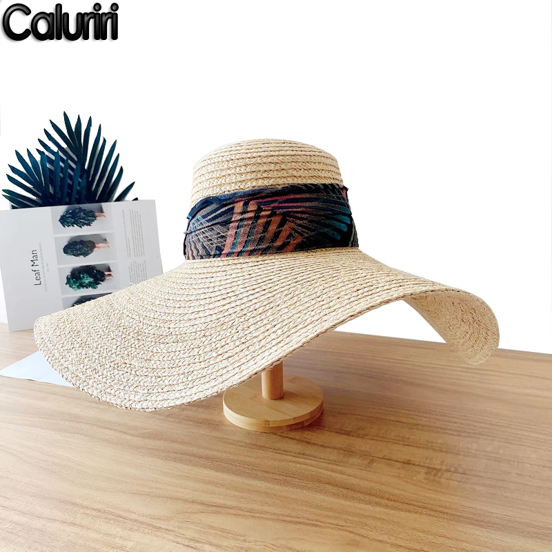 

Caluriri New Women's Beach Hat Extra Large Brim Summer Hat Bohemian Style Holiday Sun Hat Flat-brimmed Raffia Straw Hat
