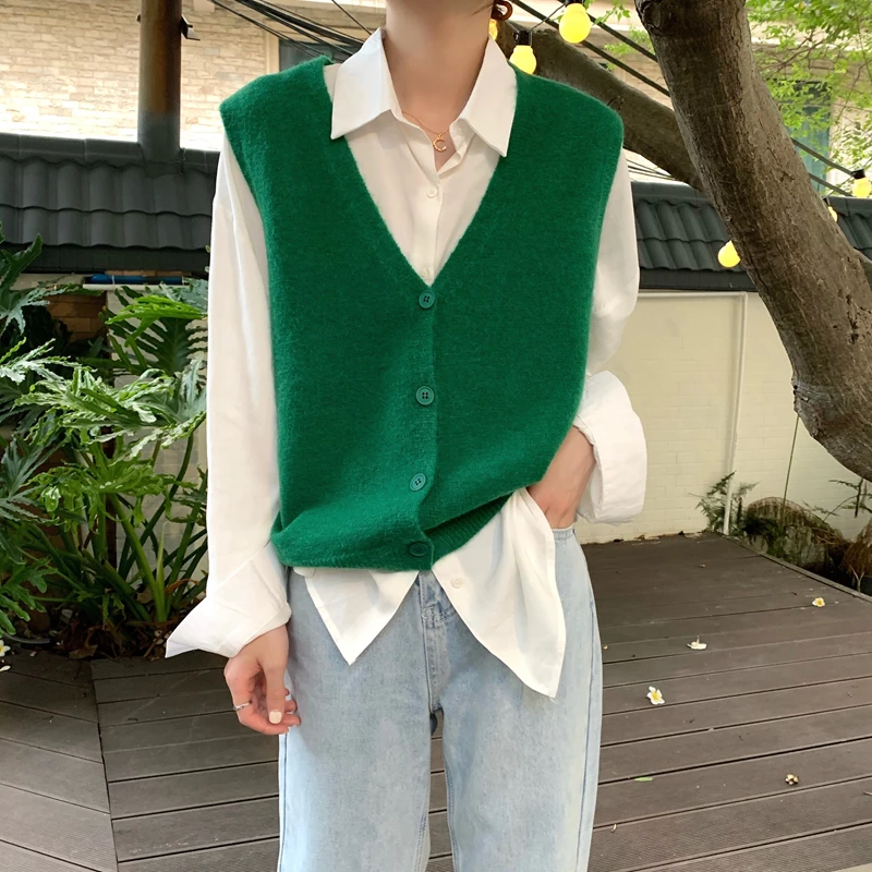 

Autumn Korean Casual Knit Vest Sleeveless Women Sweater Vest Knitted Cardigan Loose Sweater Winter New Pullover Sweater 17610