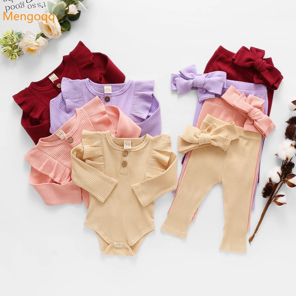 

Newborn Baby Girls Solid Spring Full Sleeve Ruched Top Bodysuits Trousers Headbands Bow Infant Kids Clothes Set 3pcs 0-24M