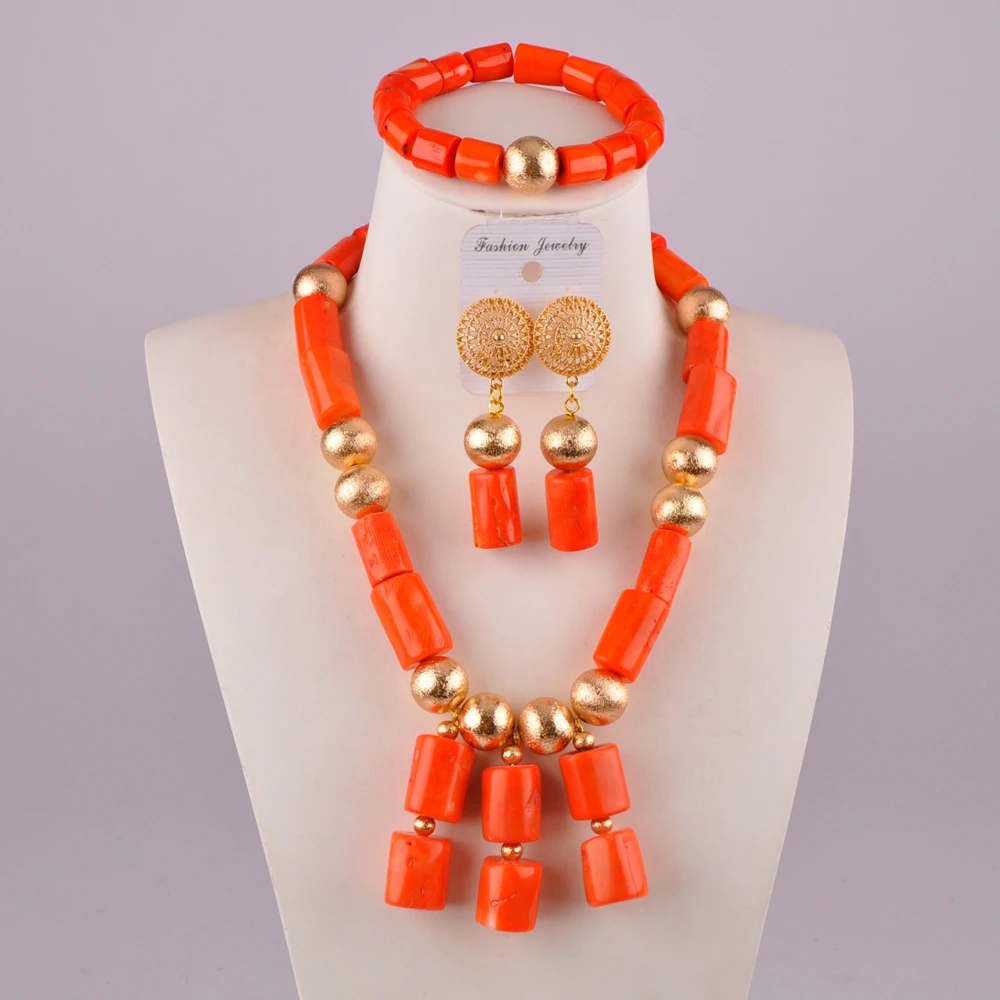 

Модный оранжевый нигерийский комплект ювелирных изделий из коралловых бусин, Свадебный комплект из кораллового C39-01 в африканском стиле