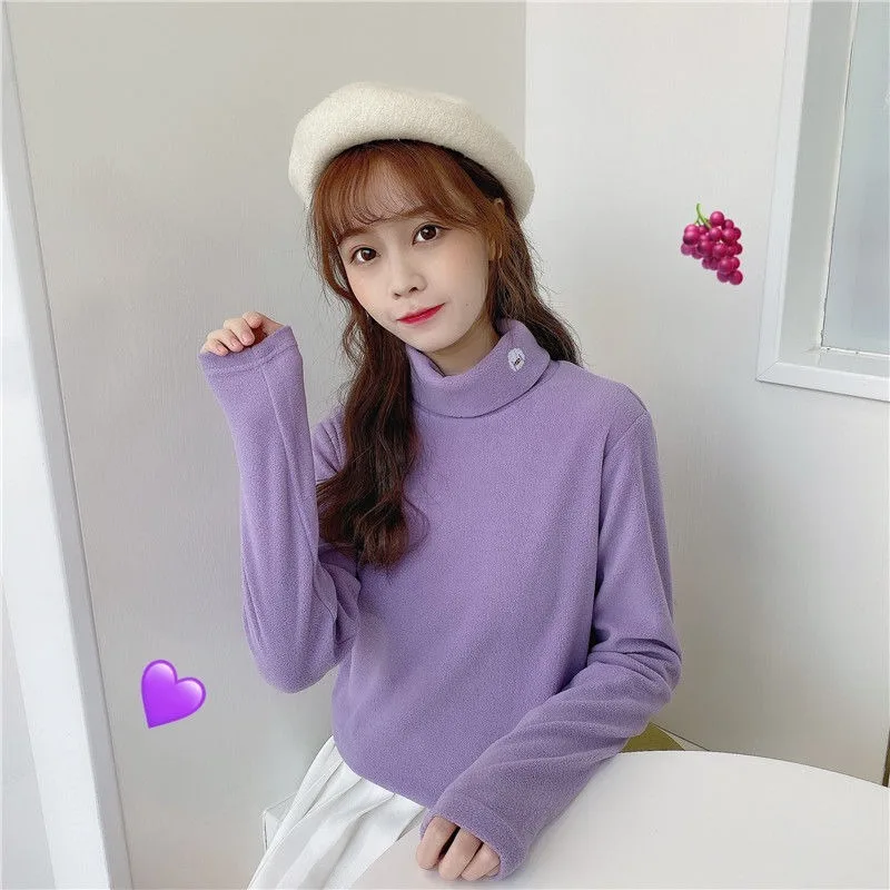 

Japanese Style Simple Pure Color Half Collar Long-sleeved T-shirt Women's Autumn and Winter Cute Anti-aging Slim Fit Shirt Top