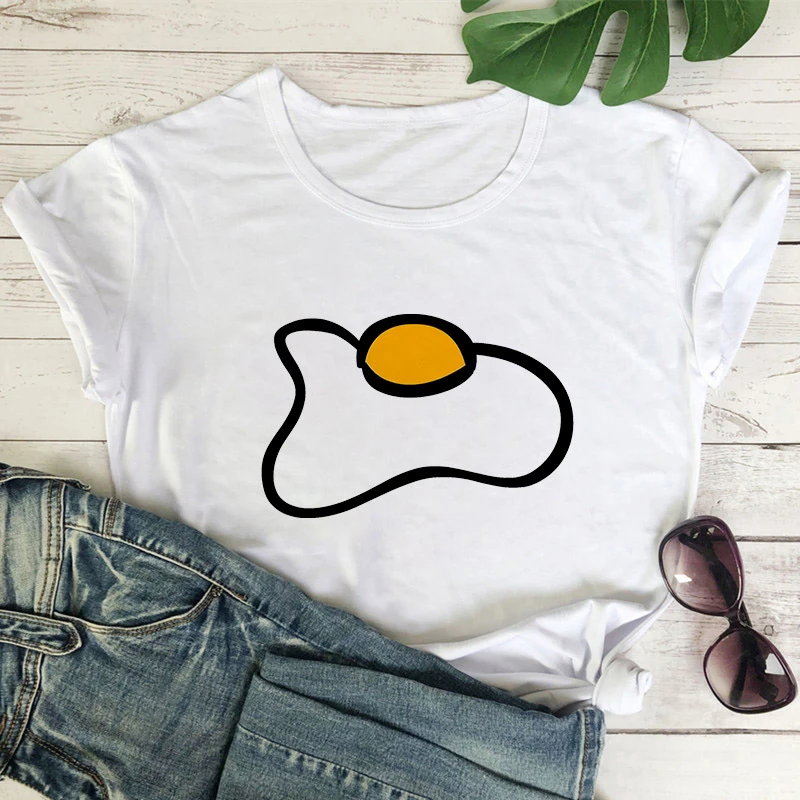 

Women's summer shirt white o-neck short sleeve top funny fried egg cartoon print ladies plus size t-shirt