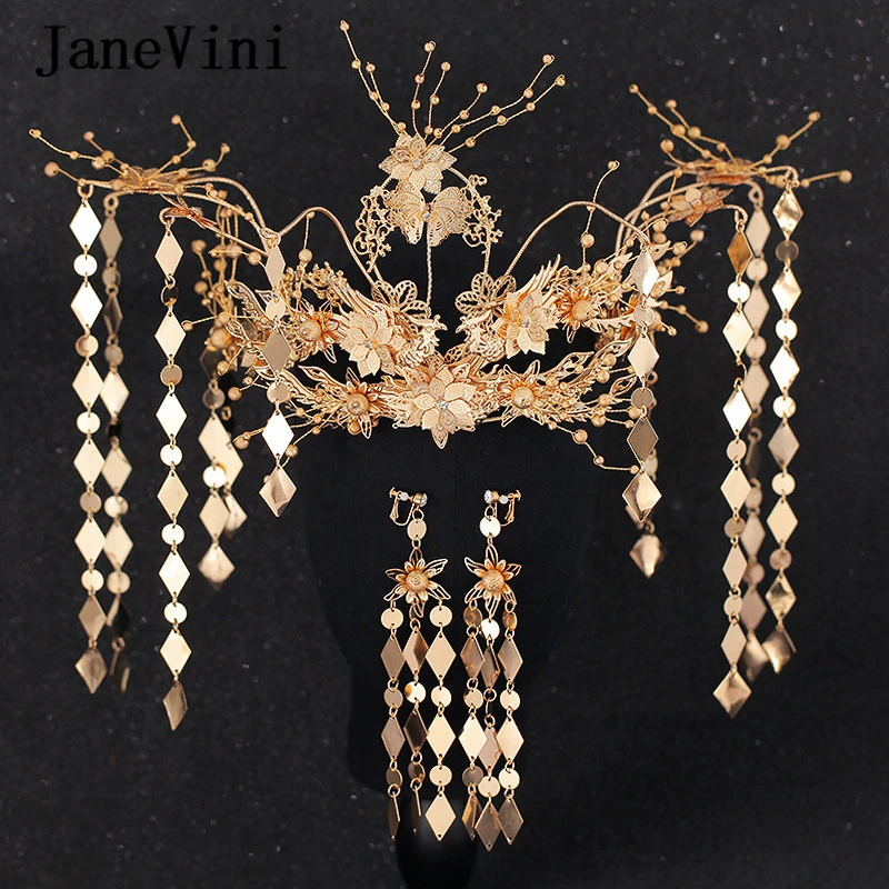 JaneVini роскошный китайский головной убор с серьгами золотистые шпильки для волос