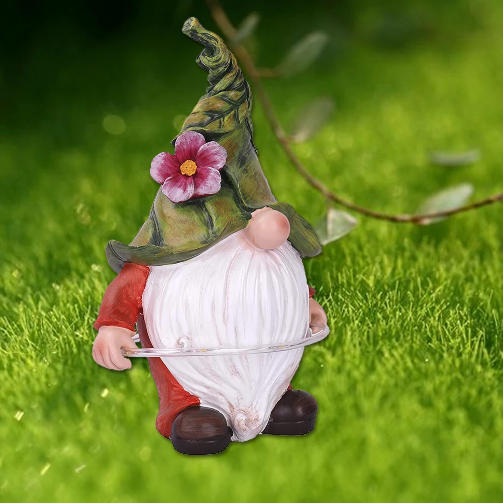 

Display Mold Simulation Funny Gnome Solar Gnome Statue Garden Resin Figurine Playing Hoop With LED Lights Outdoor Decorations
