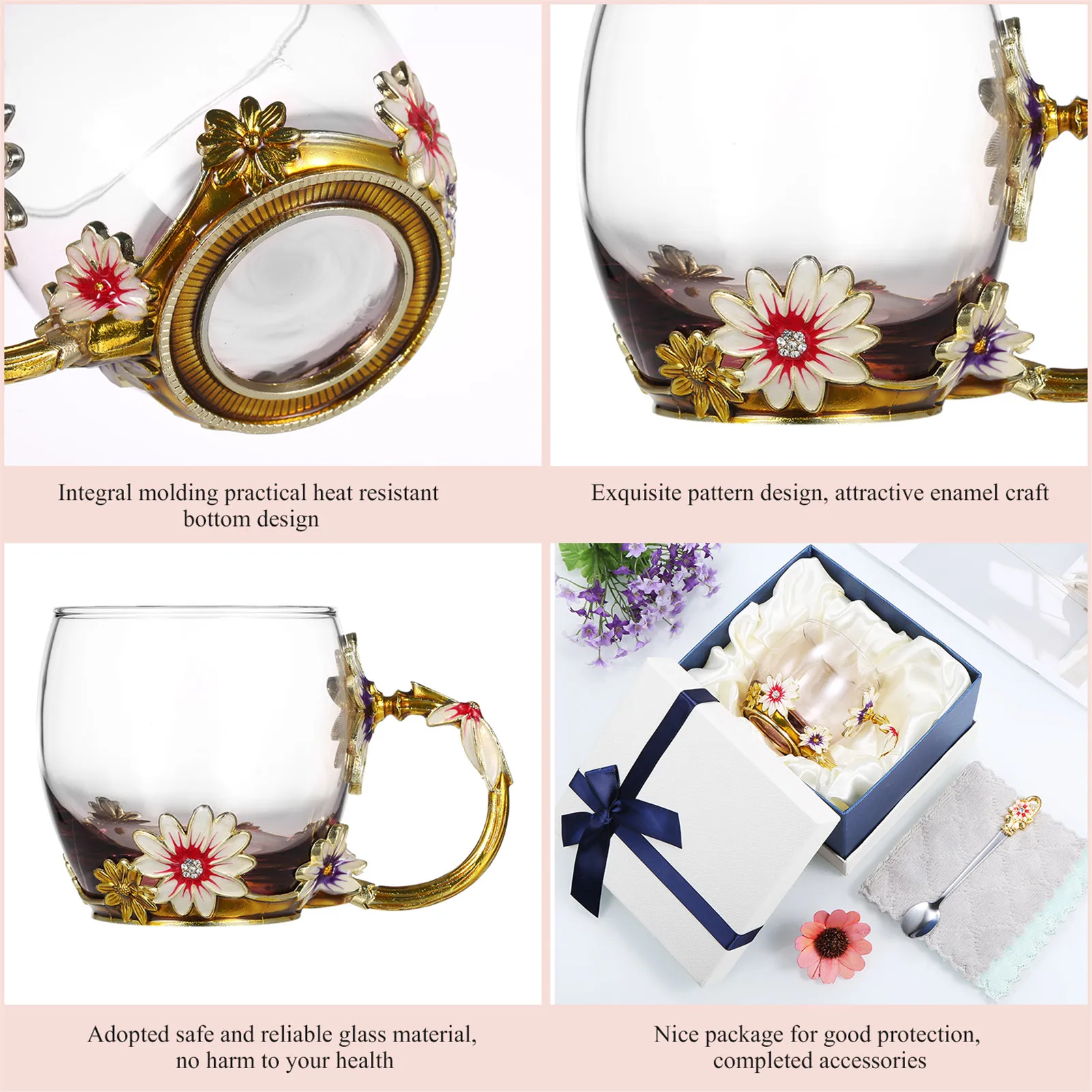 

Enamel Colorful Flower Teacup Home Water Cup Living Room Coffee Cup Crystal Glass Teacup with Lid and Spoon