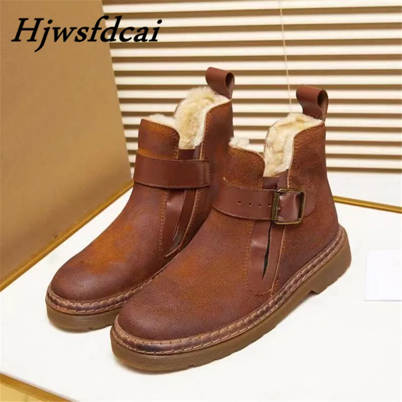 

Hjwsfdcai зимние теплые сапоги из натуральной кожи с толстой шерстью 2021 новые женские сапоги с круглым носком высококачественные мартинсы