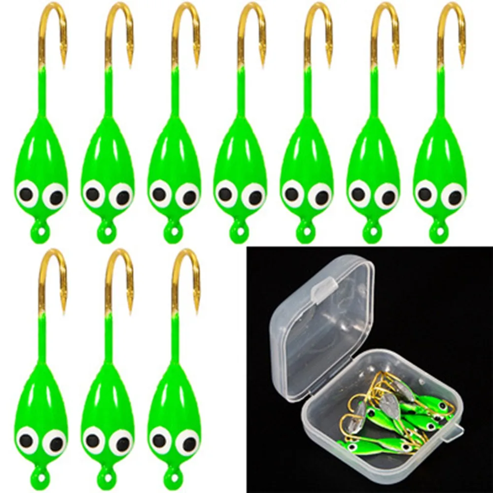 

10pcs/Box Ice Fishing Metal Jigs Heads Winter Jigging Barbed Hooks For Walleye Tadpole Type Bright Color Green Super Sharp