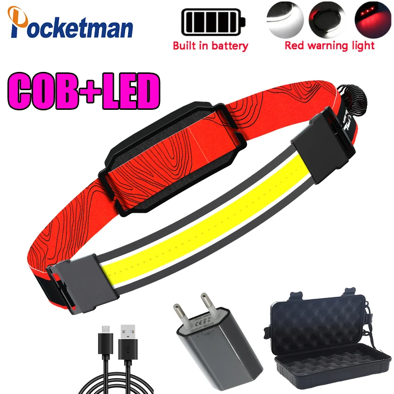 

COB LED Headlights With Built-in Battery USB Rechargeable Headlamp Waterproof Lamp White and Red Light for Camping Lamp
