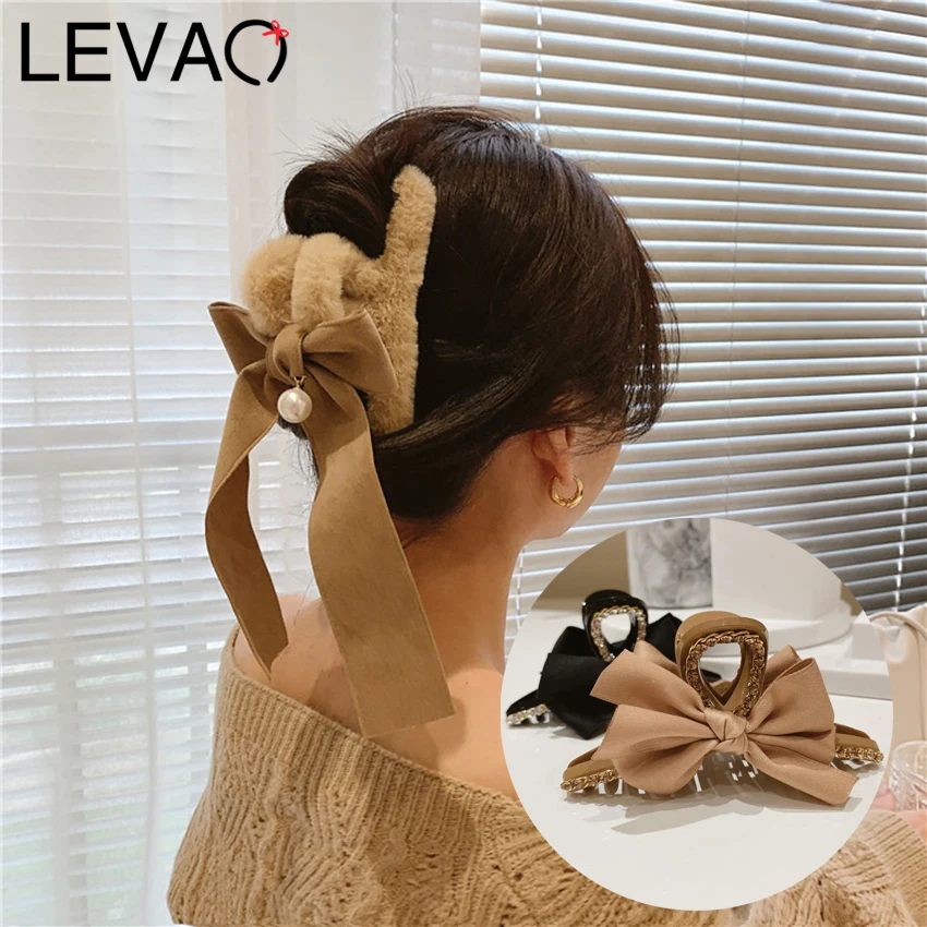 

LEVAO однотонная плюшевая заколка для волос на осень и зиму с бантом и имитацией жемчуга, модные заколки для волос с хвостиком, аксессуары для ...