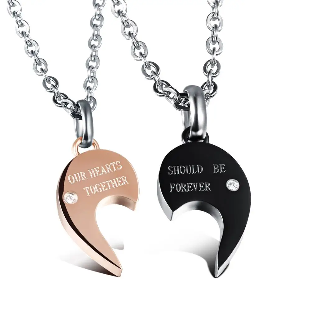 

Romantic Two Colors Stainless Steel Mens Womens Couple Necklace Pendant Love Heart CZ Puzzle Matching Gift